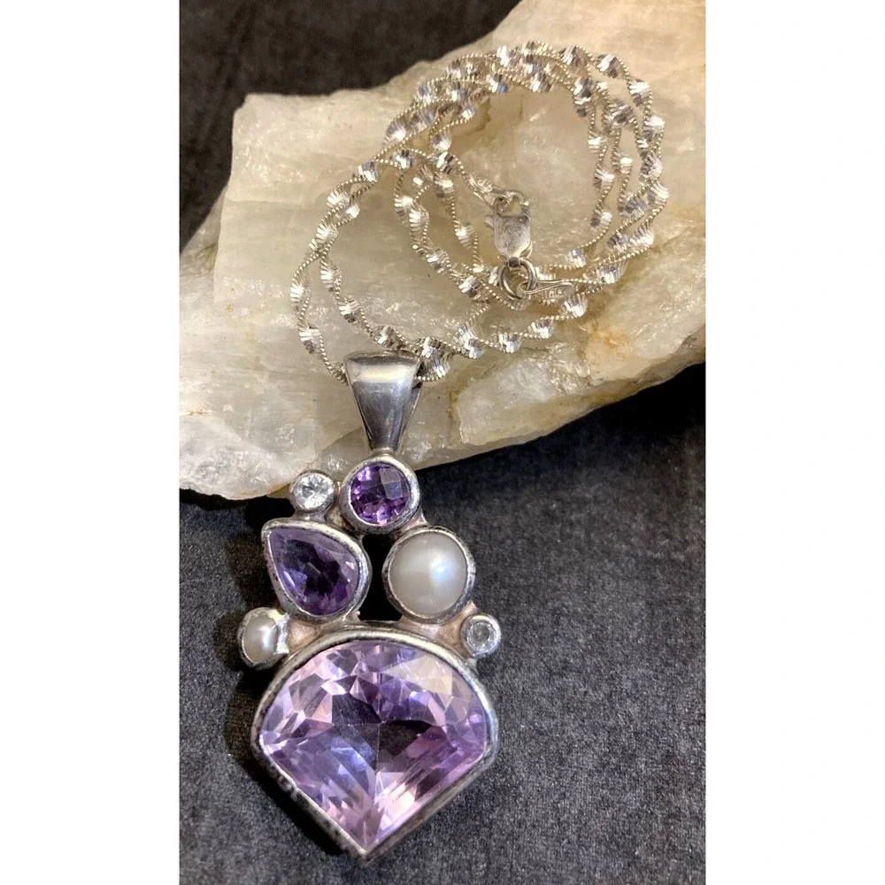 Vintage‎ STARBORN Amethyst Pearl Pendant Sterling Silver 16'' Necklace Abstract